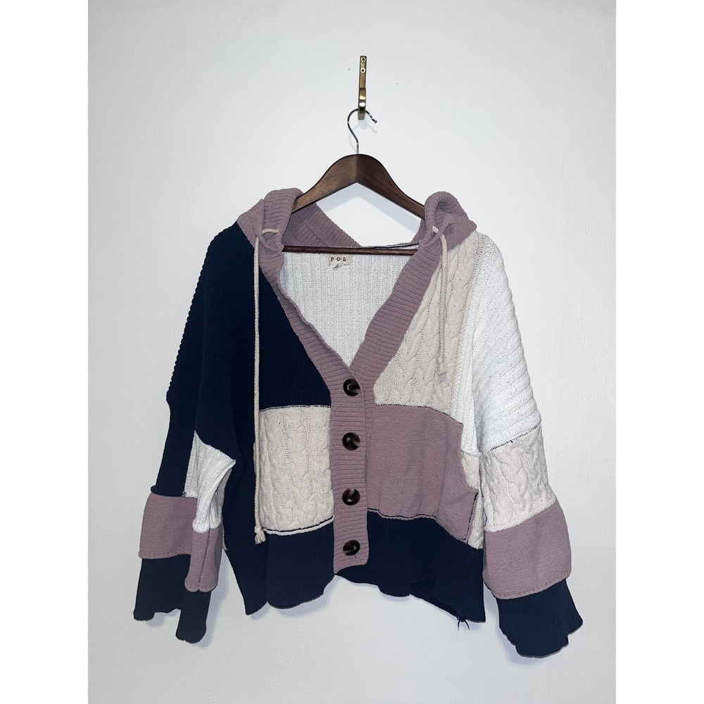 POL Womens Colorblock Patchwork Cable Knit Hooded Cardigan Sweater Small